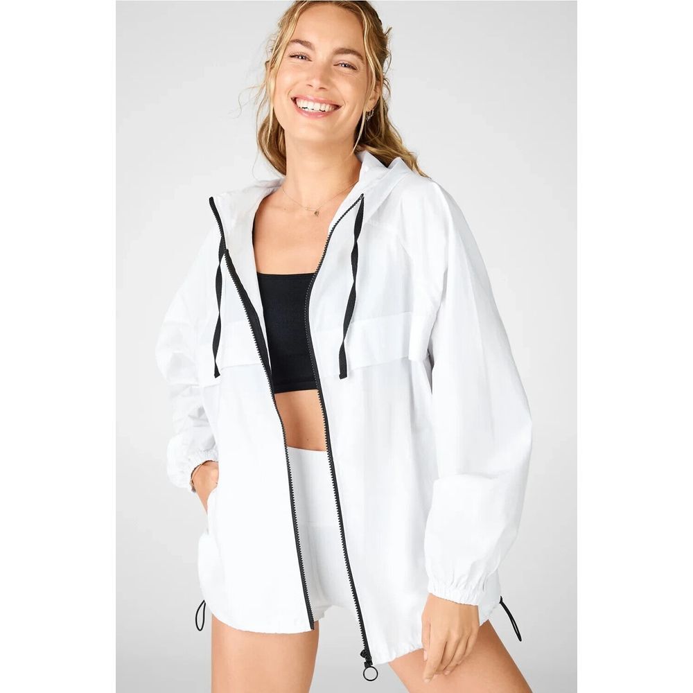 Fabletics Jacket Womens Medium White Jordan Woven Hooded Oversized Full Zip‎